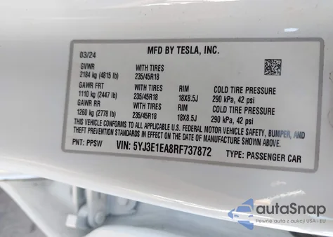 2024 Tesla Model 3 Long Range Dual Motor All-Wheel Drive/Rear-Wheel Drive from USA, damaged, VIN 5YJ3E1EA8RF737872